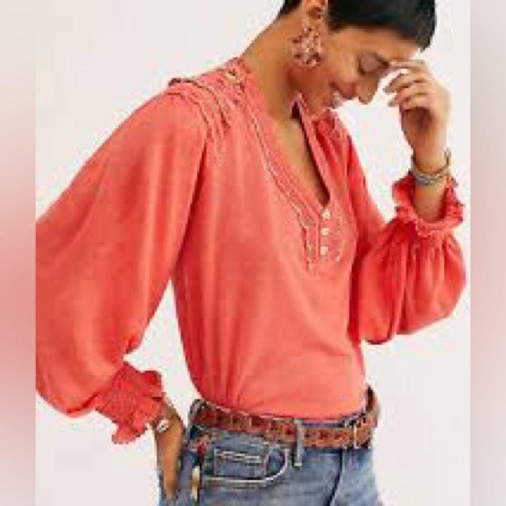 Free People Coral Orange Crochet Siesta Fiesta Embroidered Long Sleeve Top